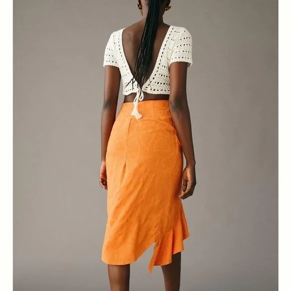 Anthropologie Maeve Slim Ruffle Wrap Skirt in Orange - Size 10 NWT - Picture 2 of 10